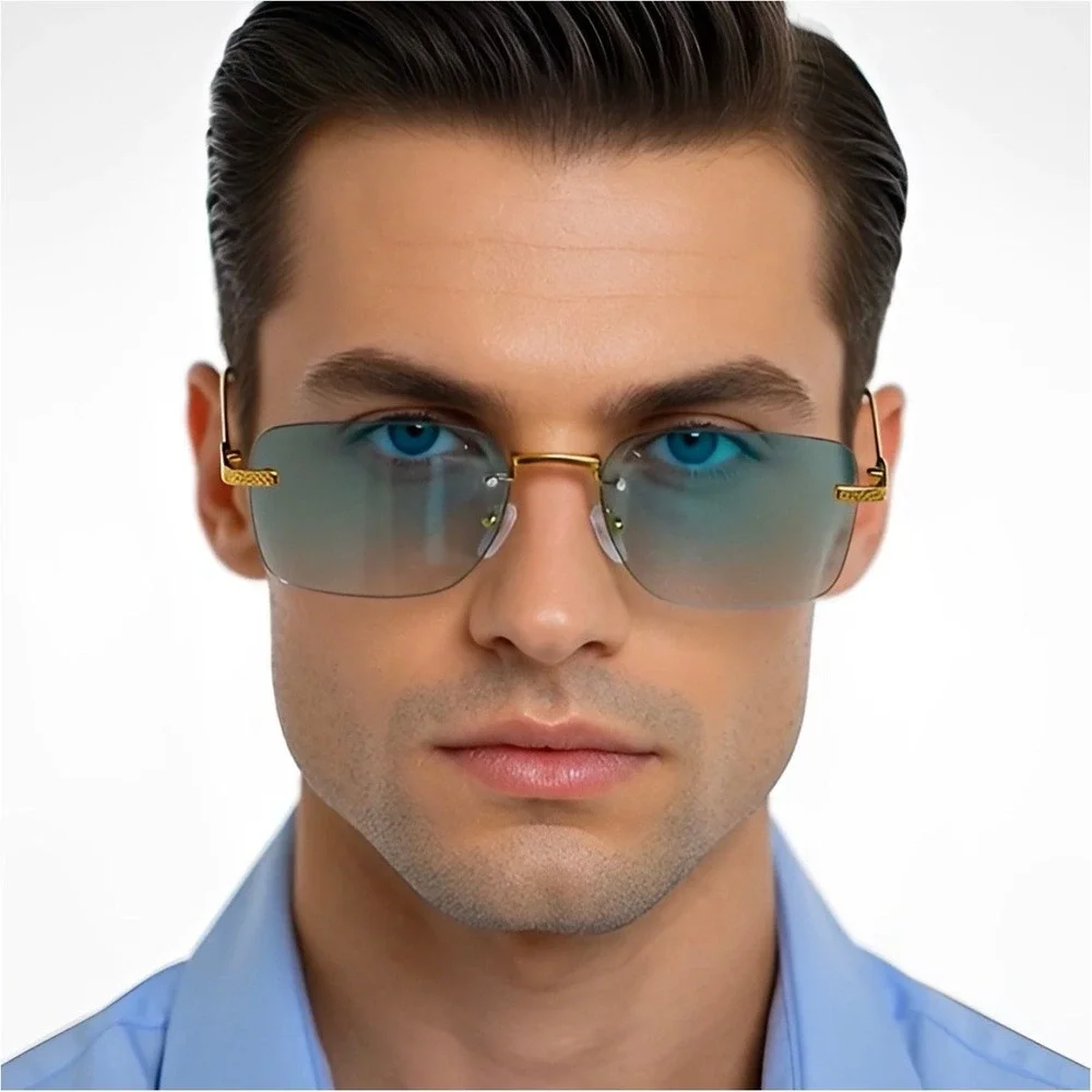 Mens Rimless Rectangular Sunglasses Gold Frame Green Gradient Lens Retro Y2K New